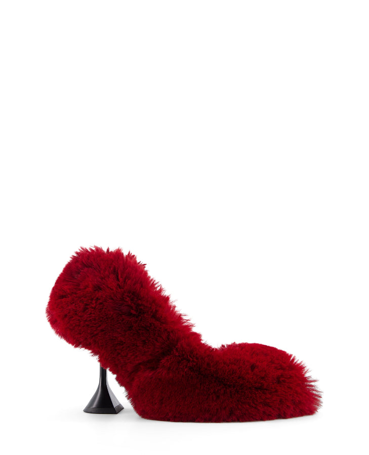 annk fur heels in red color