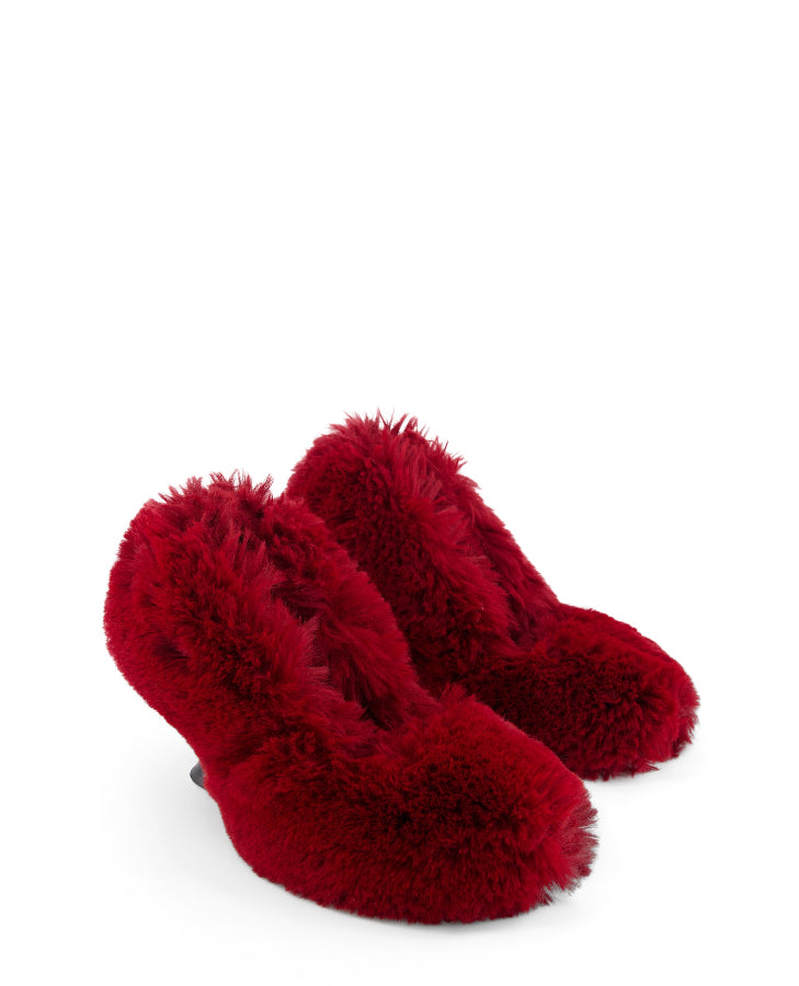 annk fur heels in red color