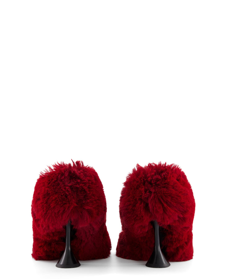 annk fur heels in red color