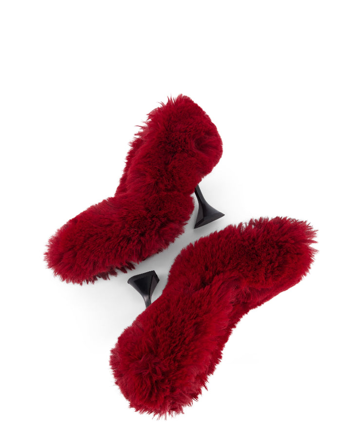 annk fur heels in red color