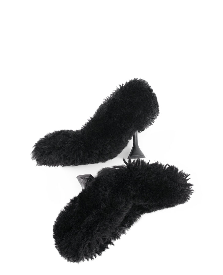 annk fur heels in black color